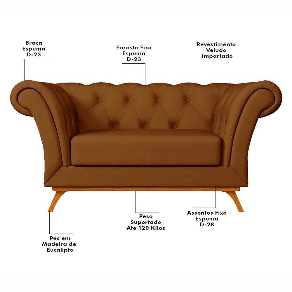Sofá 150cm 2 Lugares Base Madeira Império C-262 Veludo Telha - Domi