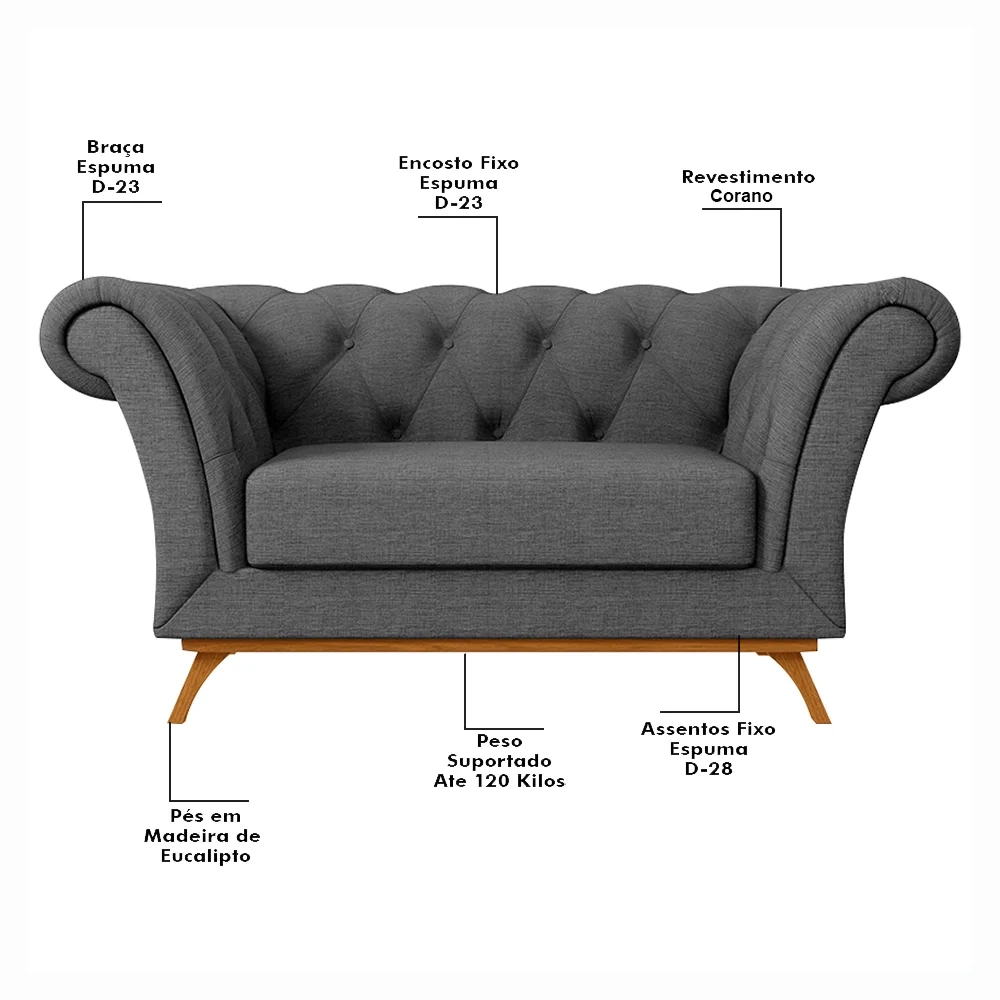 Sofá para Sala de Estar 150cm 1 Lugar Base Madeira Império C-416 Linho Cinza Escuro - Domi