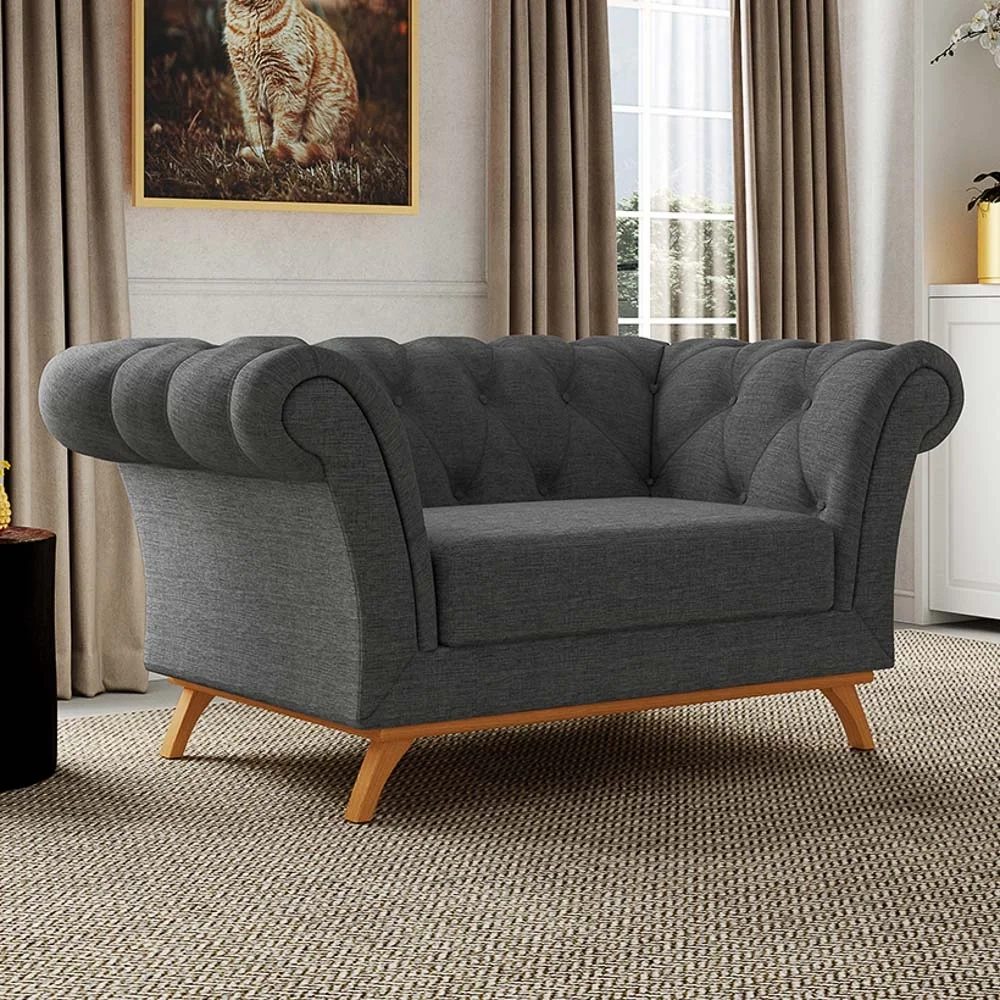 Sofá para Sala de Estar 150cm 1 Lugar Base Madeira Império C-416 Linho Cinza Escuro - Domi