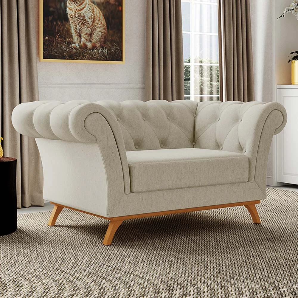 Sofá para Sala de Estar 150cm 1 Lugar Base Madeira Império C-107 Linho Bege - Domi