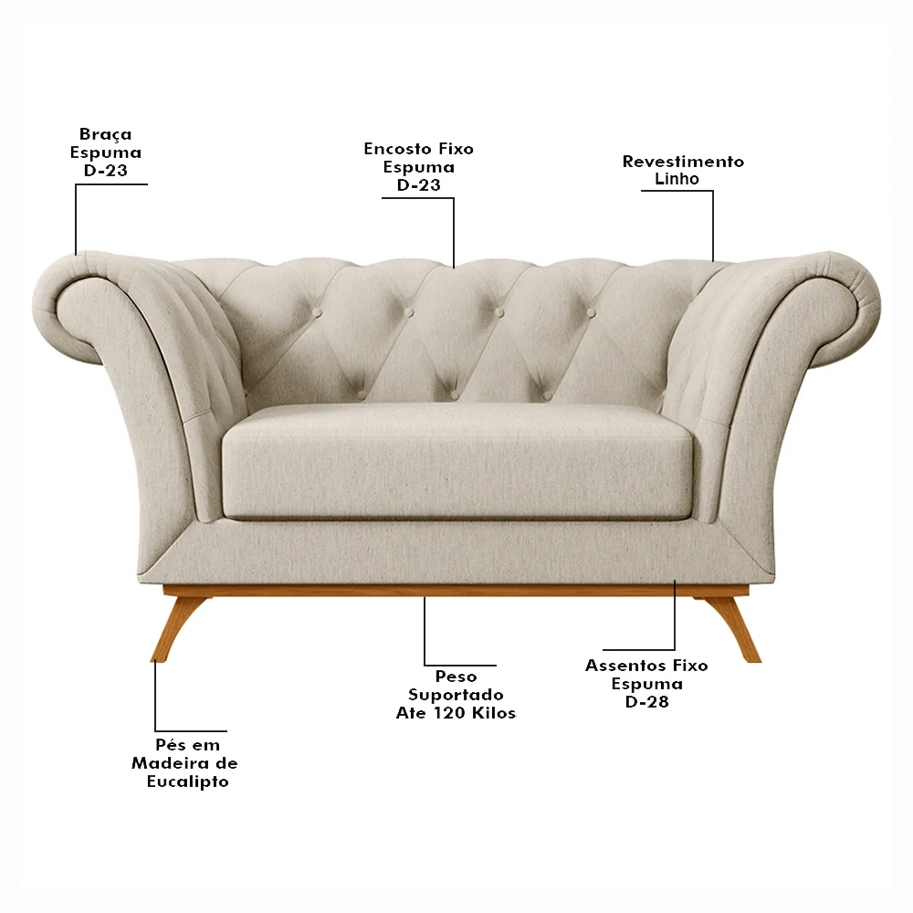 Sofá para Sala de Estar 150cm 1 Lugar Base Madeira Império C-107 Linho Bege - Domi