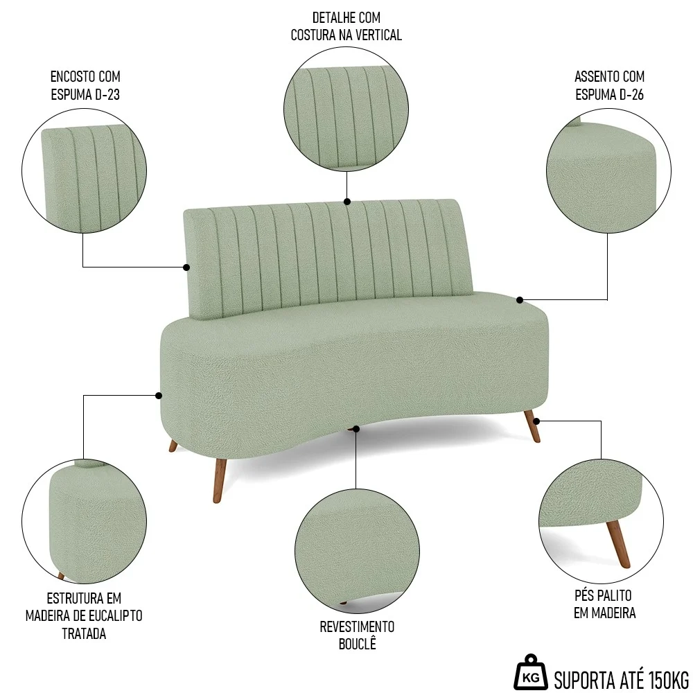 Sofá 2 Lugares para Sala Living 160cm Pés Palito Tamar Z08 Boucle Verde Água - Mpozenato
