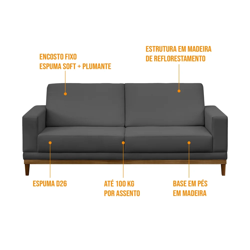 Sofá Living 180cm 3 Lugares Kayrós D05 Suede Cinza - Mpozenato