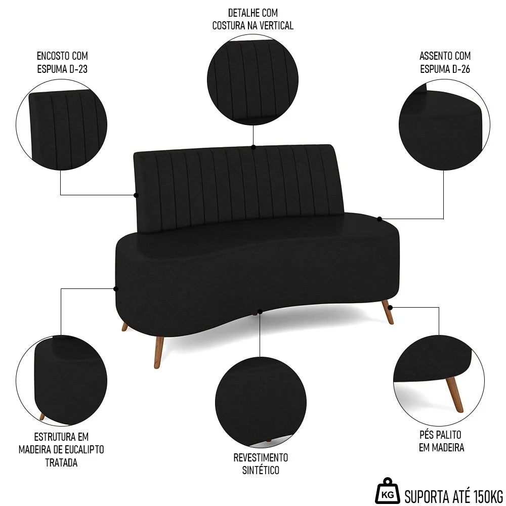 Sofá 2 Lugares para Sala Living 160cm Pés Palito Tamar Z08 Sintético Preto - Mpozenato