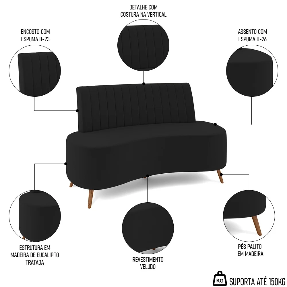 Sofá 2 Lugares para Sala Living 160cm Pés Palito Tamar Z08 Veludo Preto - Mpozenato