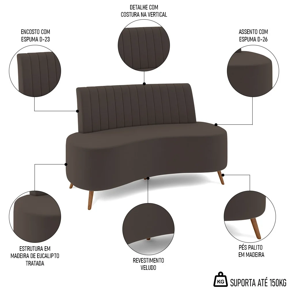 Sofá 2 Lugares para Sala Living 160cm Pés Palito Tamar Z08 Veludo Marrom - Mpozenato