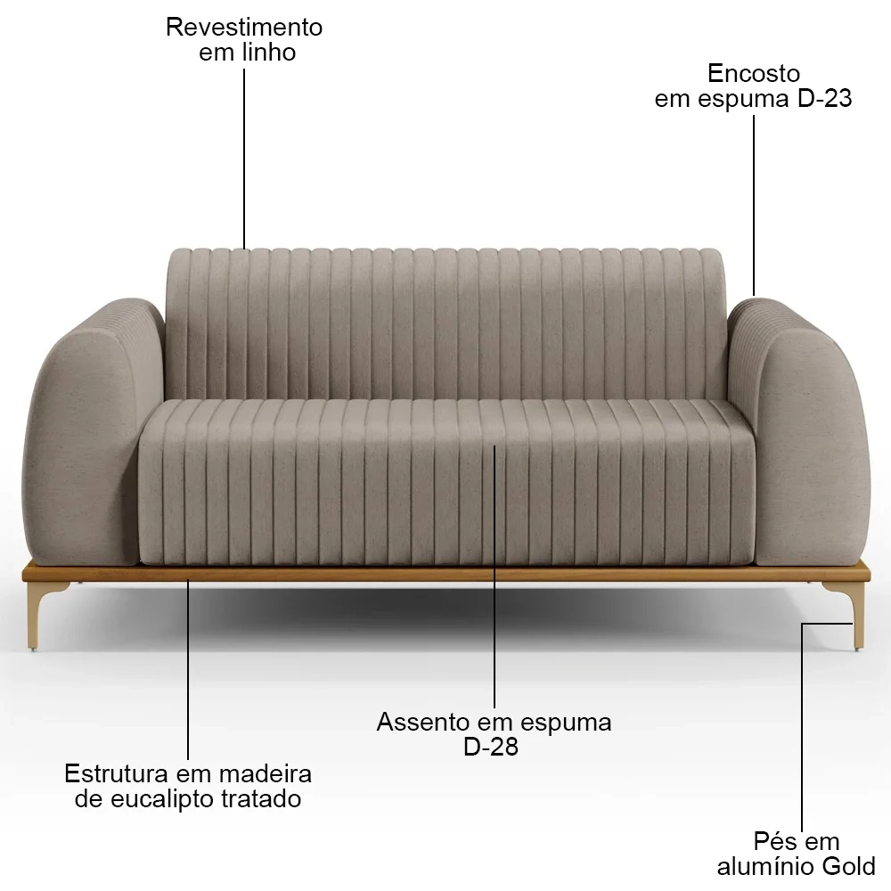 Sofá 150cm 2 Lugares Base Gold Molino D06 Linho C-370 Bege - Mpozenato