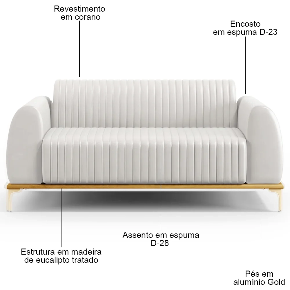 Sofá 150cm 2 Lugares Base Gold Molino D06 PU C-12 Branco - Mpozenato