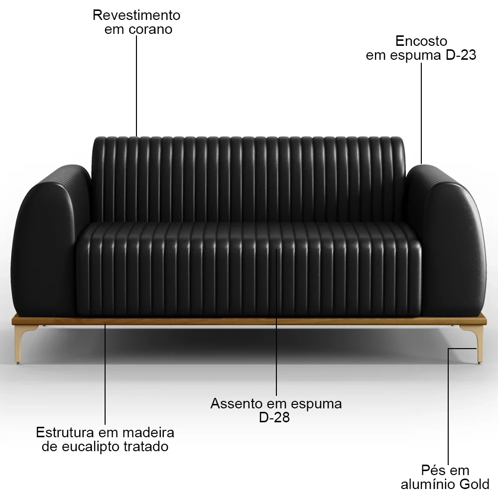 Sofá 150cm 2 Lugares Base Gold Molino D06 PU B-159 Preto - Mpozenato