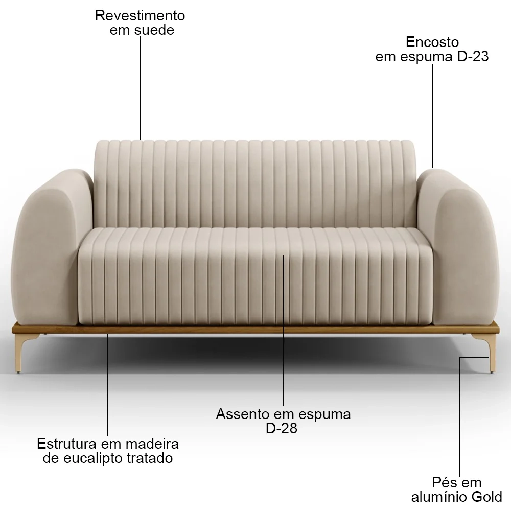 Sofá 150cm 2 Lugares Base Gold Molino D06 Suede C-309 Bege - Mpozenato