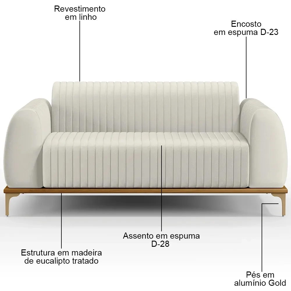 Sofá 150cm 2 Lugares Base Gold Molino D06 Linho C-367 Cru - Mpozenato