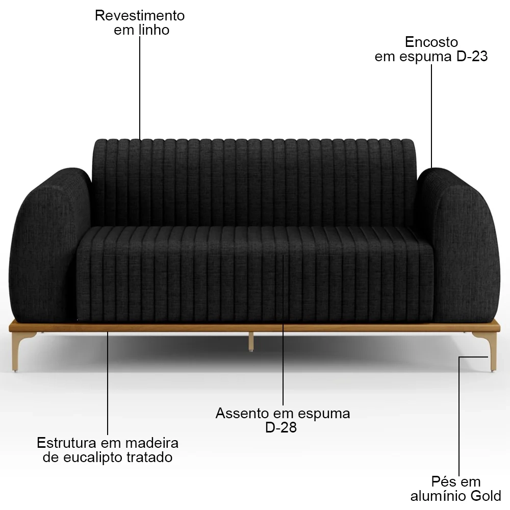 Sofá 180cm 3 Lugares Base Gold Molino D06 Linho D-465 Chumbo - Mpozenato
