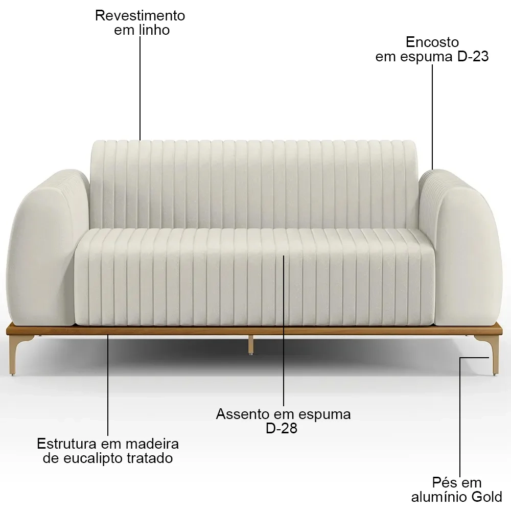 Sofá 180cm 3 Lugares Base Gold Molino D06 Linho C-367 Cru - Mpozenato