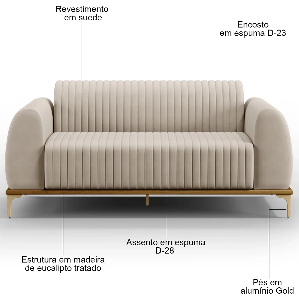 Sofá 180cm 3 Lugares Base Gold Molino D06 Suede C-309 Bege - Mpozenato