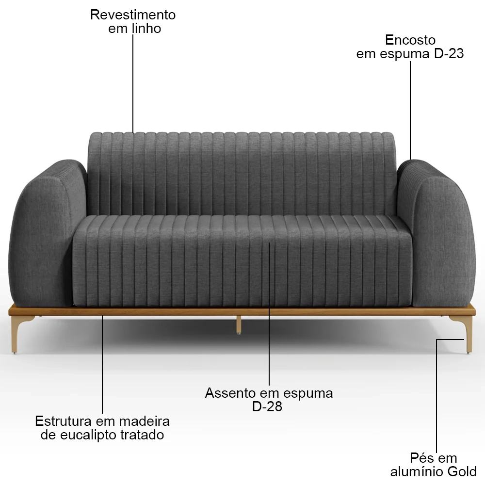 Sofá 210cm 3 Lugares Base Gold Molino D06 Linho C-416 Cinza Escuro - Mpozenato