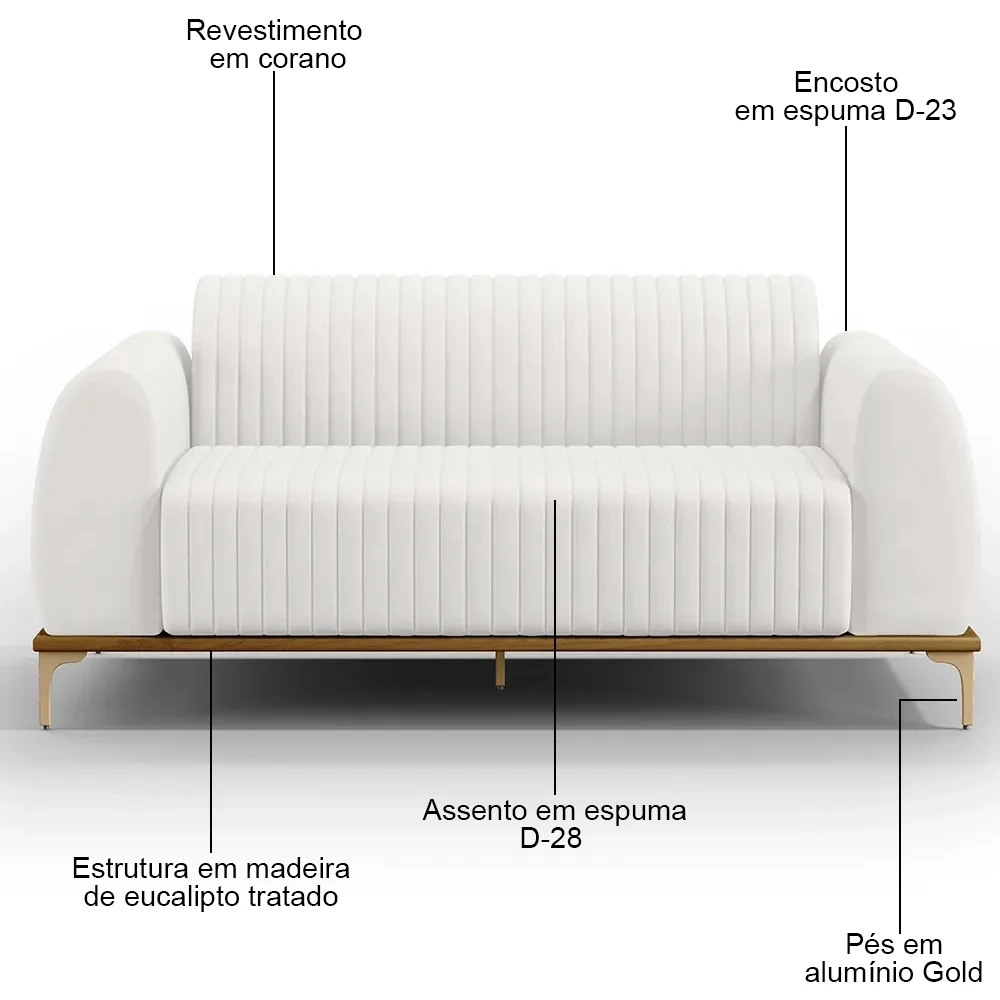 Sofá 210cm 3 Lugares Base Gold Molino D06 PU C-12 Branco - Mpozenato