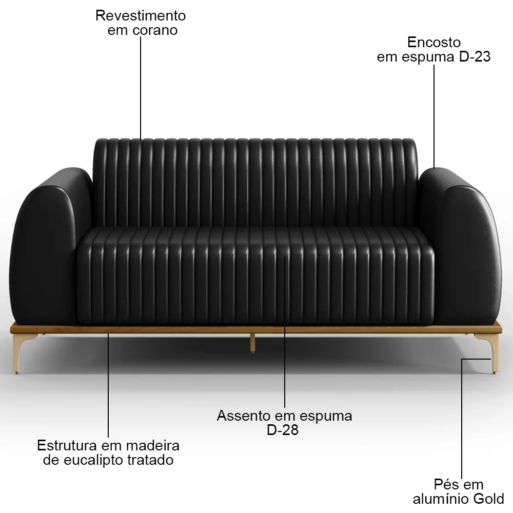 Sofá 210cm 3 Lugares Base Gold Molino D06 PU B-159 Preto - Mpozenato