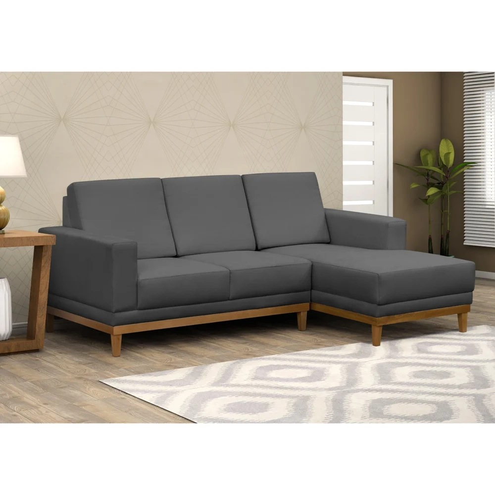 Sofá Living 200cm 3 Lugares Com Chaise Direito Kayrós D05 Suede Cinza - Mpozenato