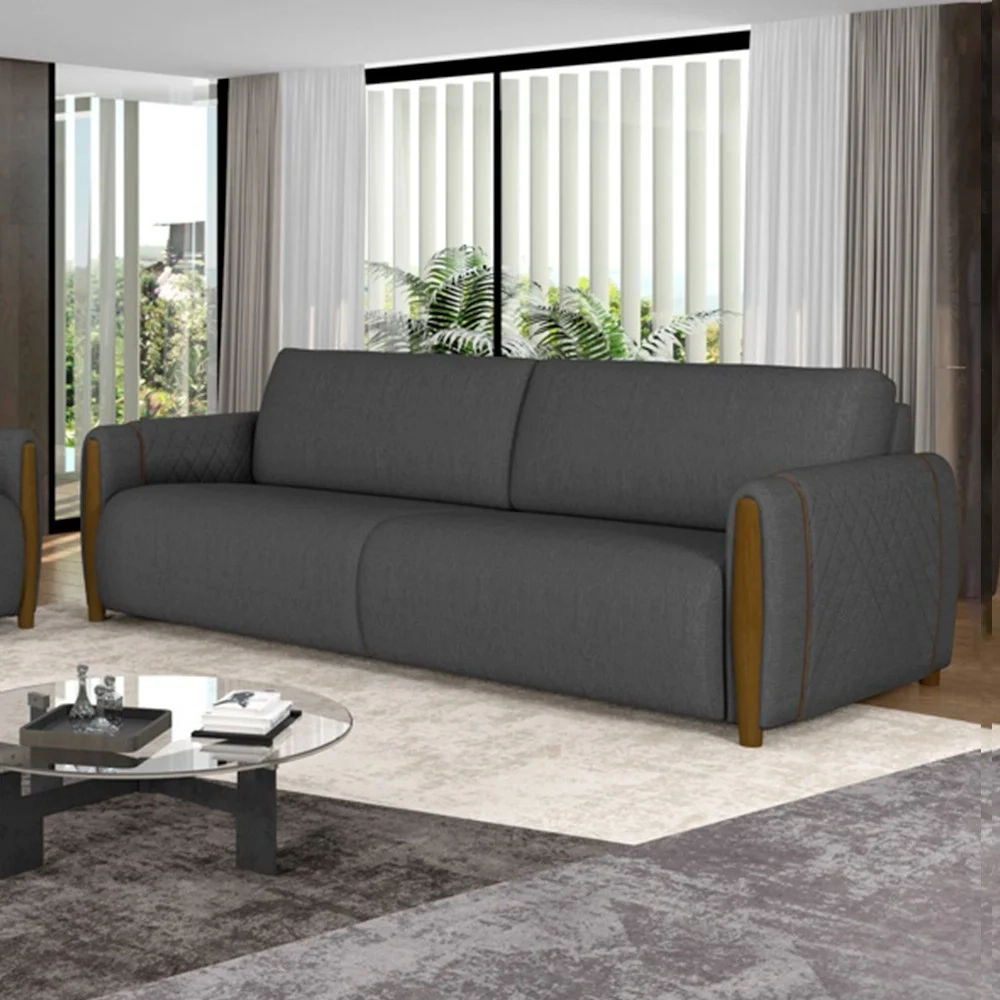 Sofá 3 Lugares 223cm Pés Madeira Amaranto Z32 Linho Cinza Escuro - Mpozenato