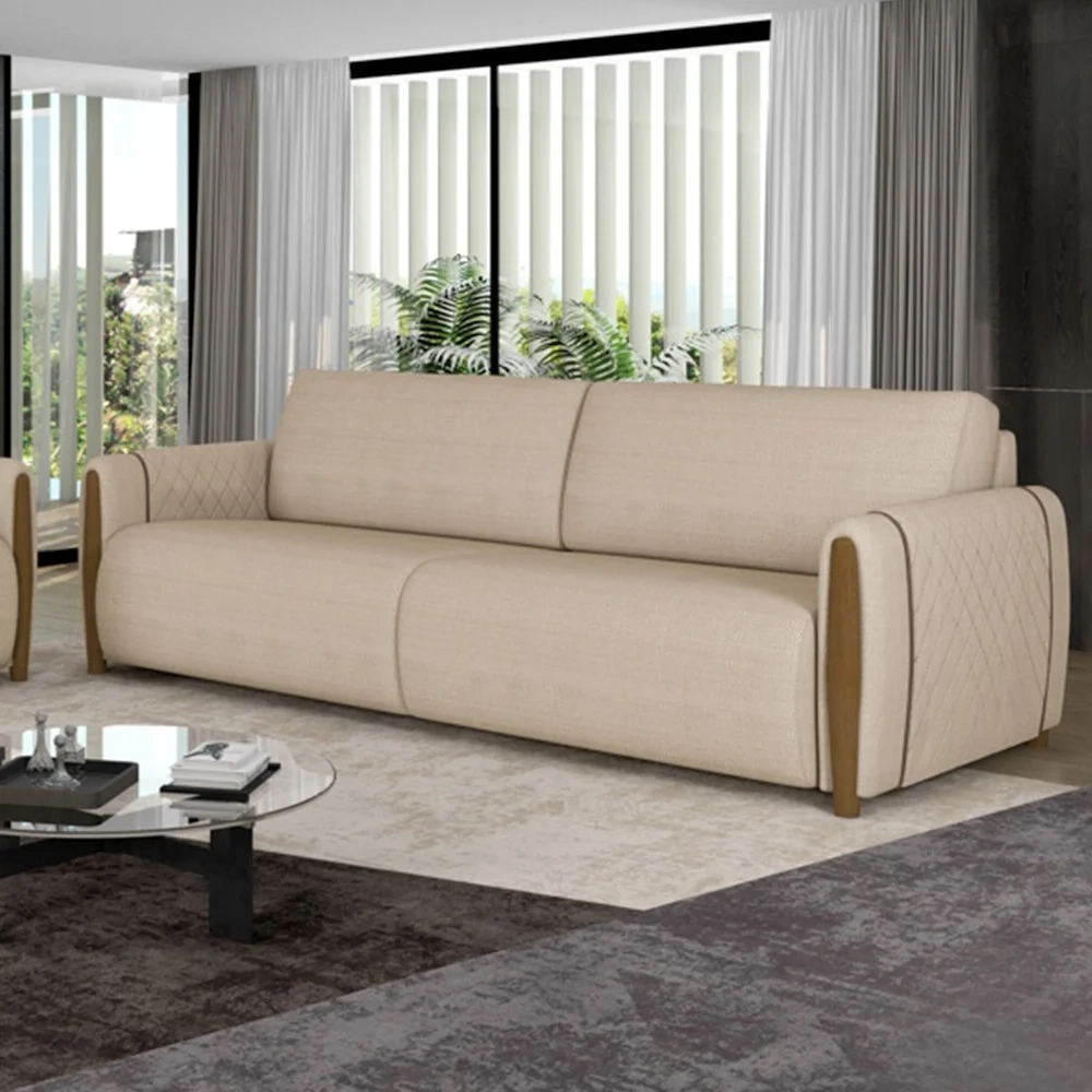 Sofá 3 Lugares 223cm Pés Madeira Amaranto Z32 Linho Champanhe - Mpozenato