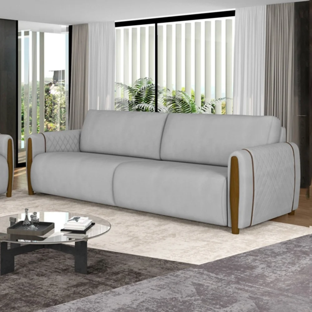 Sofá 3 Lugares 223cm Pés Madeira Amaranto Z32 Veludo Cinza - Mpozenato