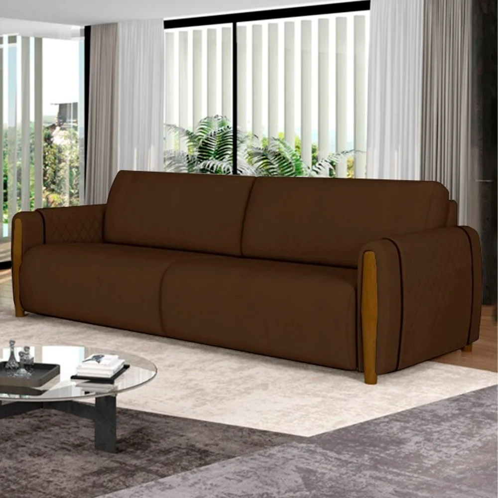 Sofá 3 Lugares 223cm Pés Madeira Amaranto Z32 Veludo Marrom - Mpozenato