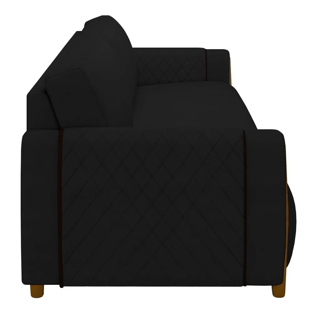 Sofá 3 Lugares 223cm Pés Madeira Amaranto Z32 Veludo Preto - Mpozenato