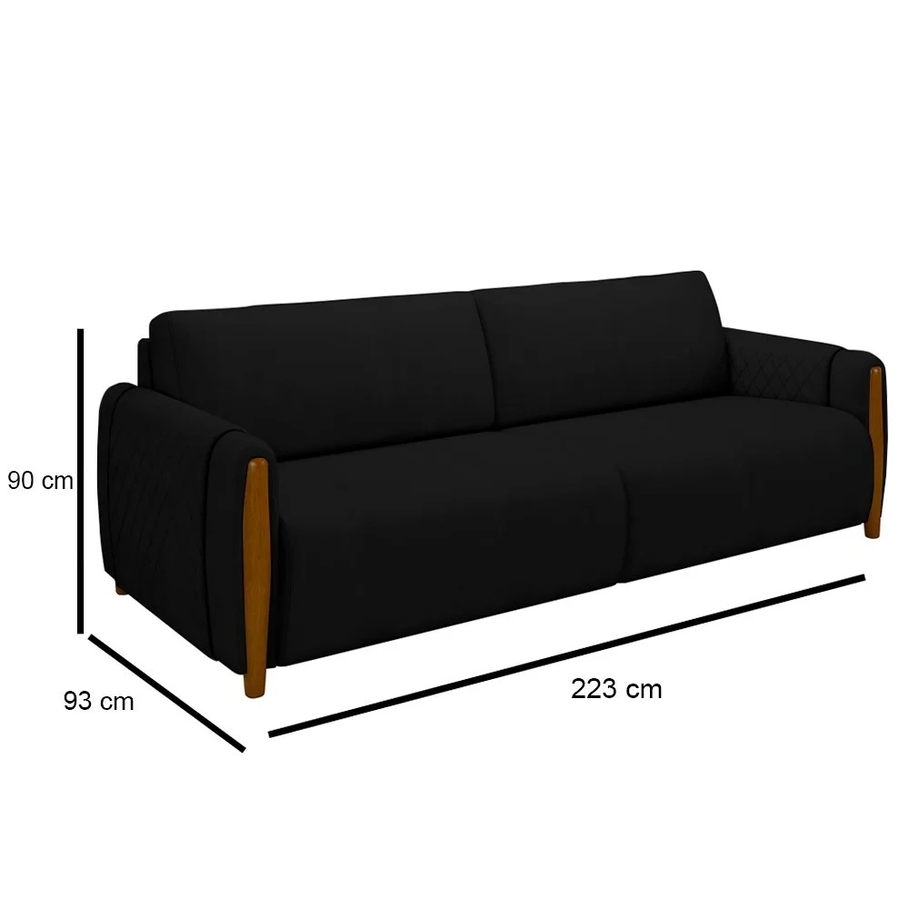 Sofá 3 Lugares 223cm Pés Madeira Amaranto Z32 Veludo Preto - Mpozenato