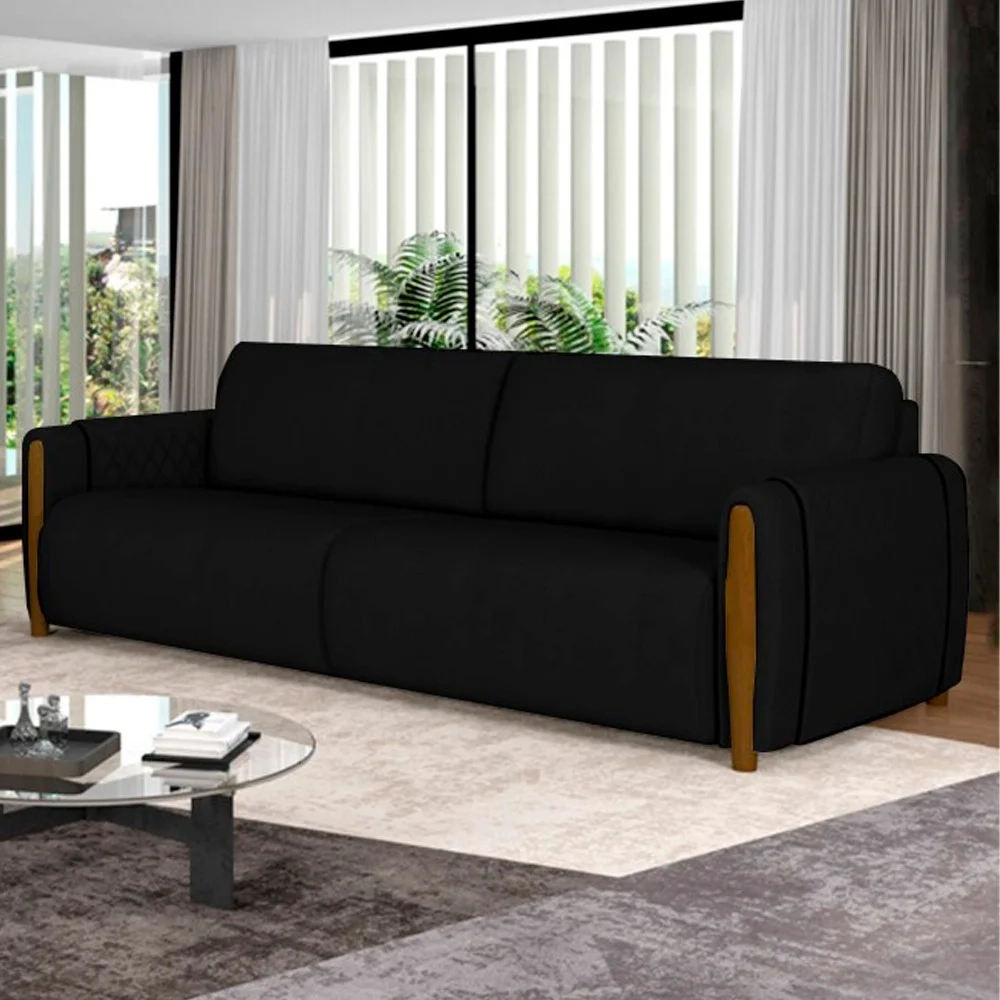 Sofá 3 Lugares 223cm Pés Madeira Amaranto Z32 Veludo Preto - Mpozenato