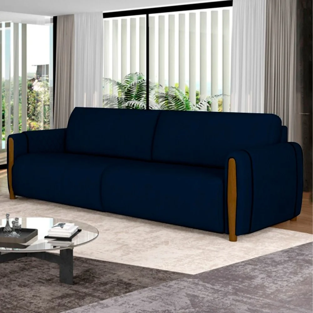 Sofá 3 Lugares 223cm Pés Madeira Amaranto Z32 Veludo Azul Marinho - Mpozenato