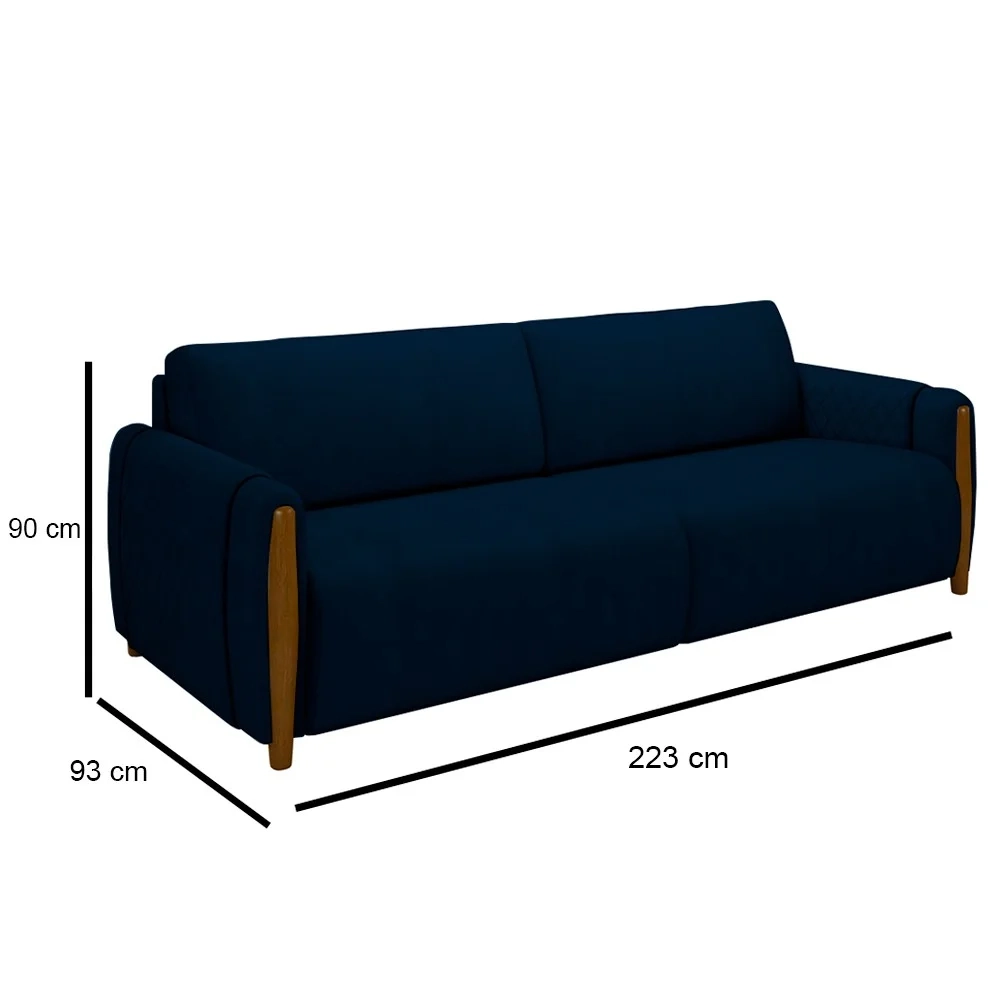 Sofá 3 Lugares 223cm Pés Madeira Amaranto Z32 Veludo Azul Marinho - Mpozenato
