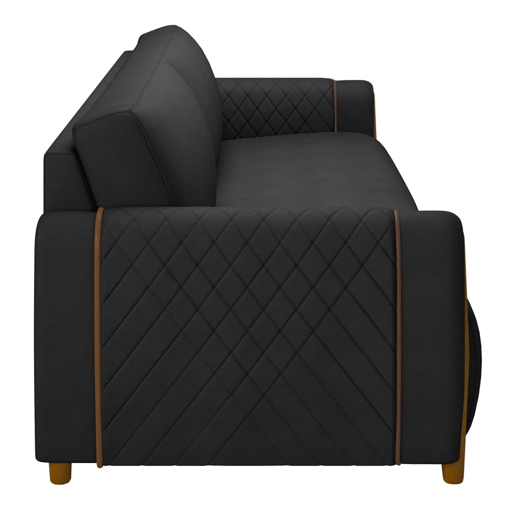 Sofá 3 Lugares 223cm Pés Madeira Amaranto Z32 PU Preto - Mpozenato