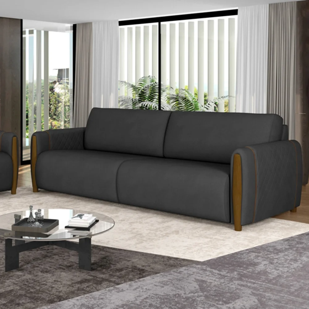 Sofá 3 Lugares 223cm Pés Madeira Amaranto Z32 PU Preto - Mpozenato
