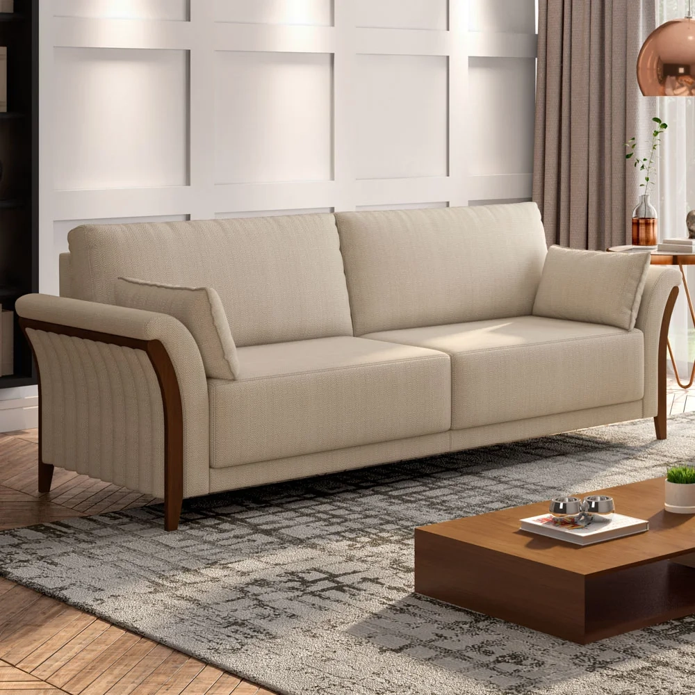 Sofá Living 3 Lugares 222cm Pés Madeira Roya Z32 Linho Champanhe - Mpozenato
