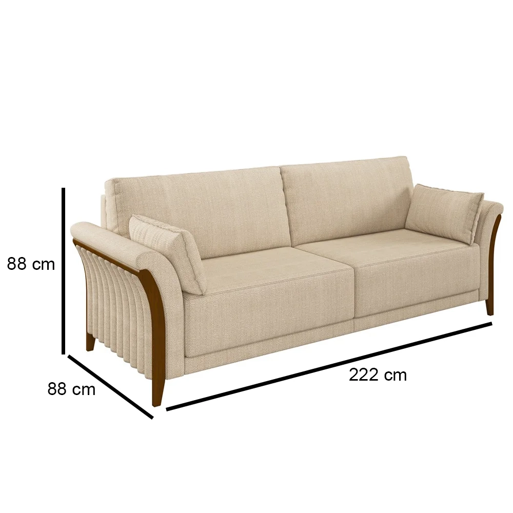 Sofá Living 3 Lugares 222cm Pés Madeira Roya Z32 Linho Champanhe - Mpozenato