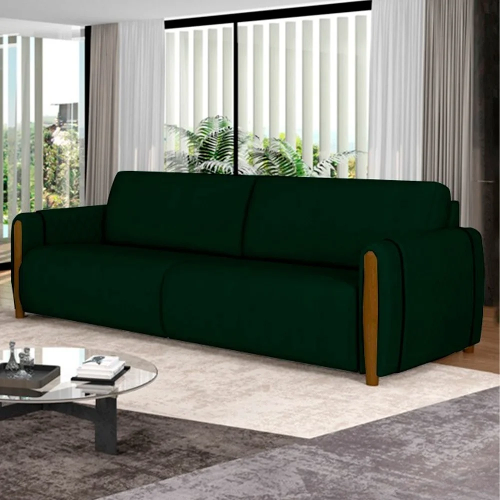 Sofá 3 Lugares 223cm Pés Madeira Amaranto Z32 Veludo Verde - Mpozenato