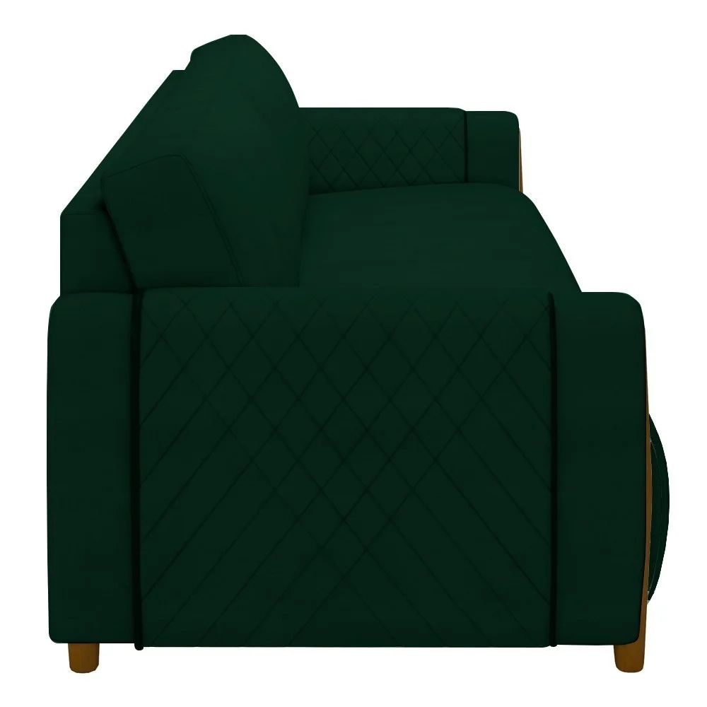 Sofá 3 Lugares 223cm Pés Madeira Amaranto Z32 Veludo Verde - Mpozenato