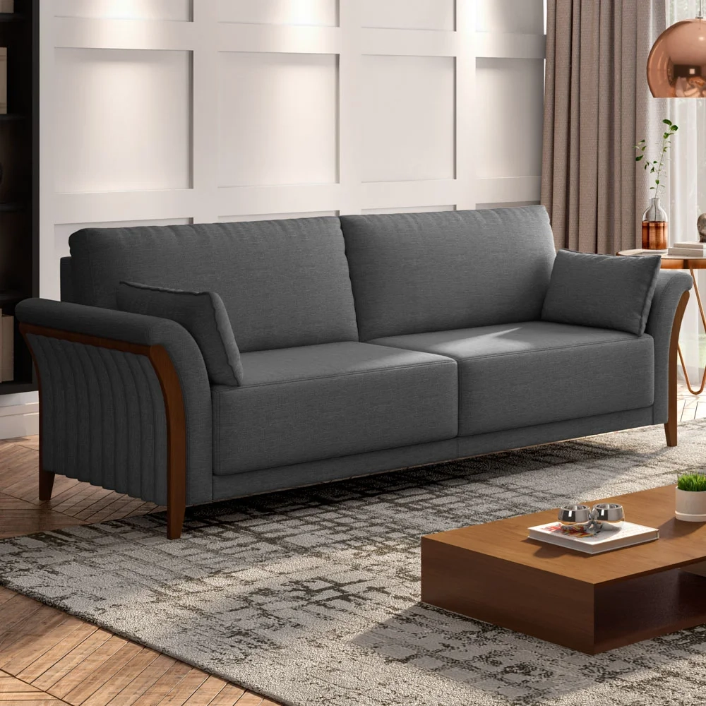 Sofá Living 3 Lugares 222cm Pés Madeira Roya Z32 Linho Cinza Escuro - Mpozenato