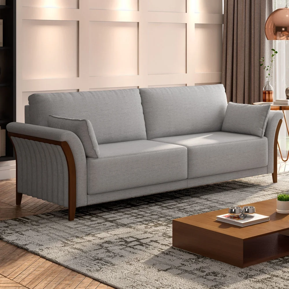 Sofá Living 3 Lugares 222cm Pés Madeira Roya Z32 Linho Cinza - Mpozenato