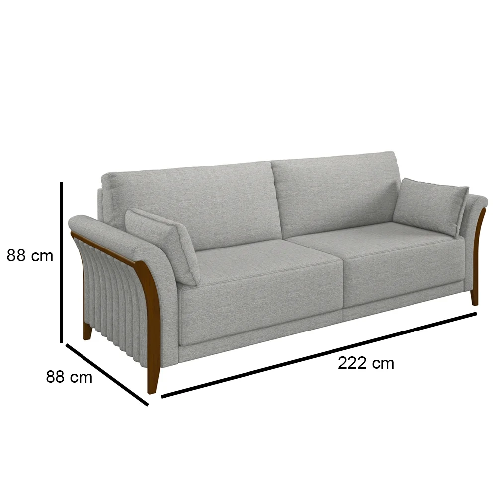 Sofá Living 3 Lugares 222cm Pés Madeira Roya Z32 Linho Cinza - Mpozenato
