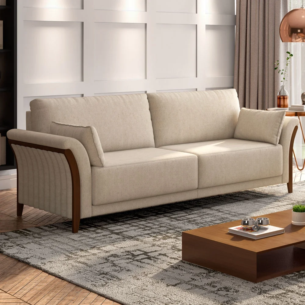 Sofá Living 3 Lugares 222cm Pés Madeira Roya Z32 Linho Cru - Mpozenato