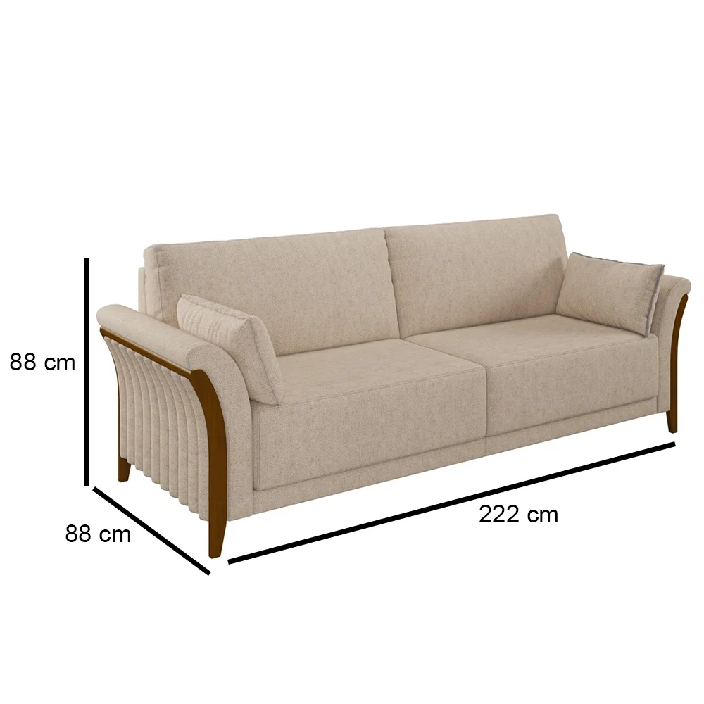 Sofá Living 3 Lugares 222cm Pés Madeira Roya Z32 Linho Cru - Mpozenato