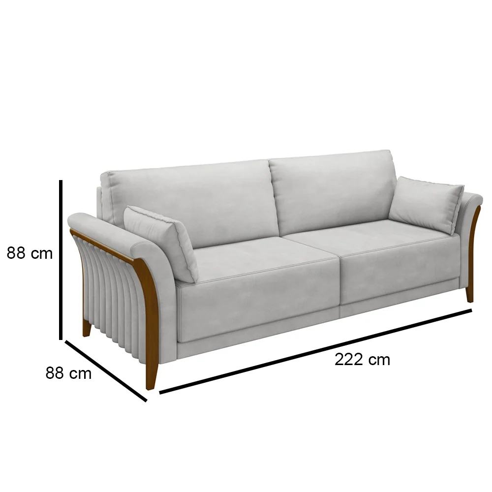Sofá Living 3 Lugares 222cm Pés Madeira Roya Z32 Veludo Cinza - Mpozenato