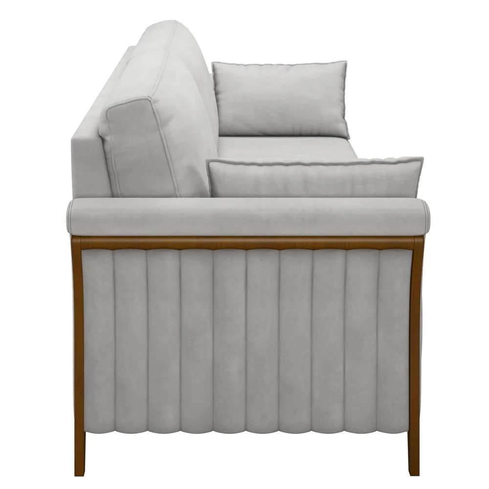 Sofá Living 3 Lugares 222cm Pés Madeira Roya Z32 Veludo Cinza - Mpozenato