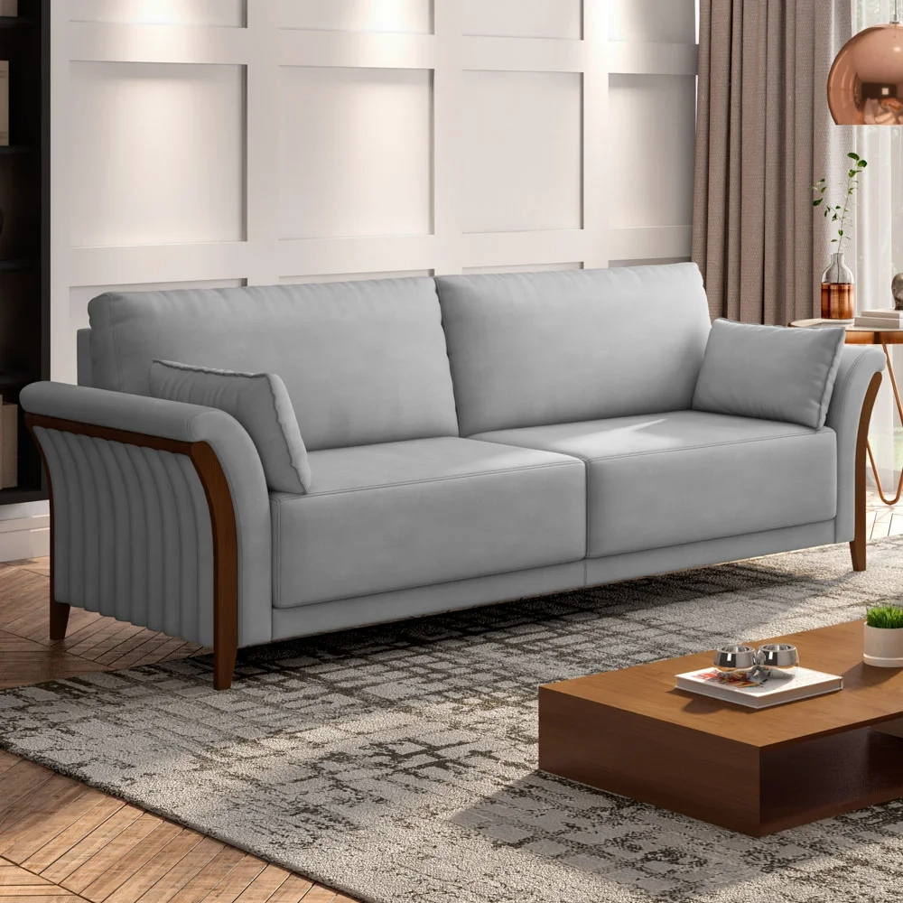 Sofá Living 3 Lugares 222cm Pés Madeira Roya Z32 Veludo Cinza - Mpozenato