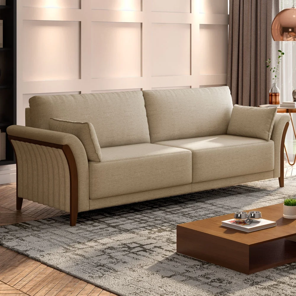 Sofá Living 3 Lugares 222cm Pés Madeira Roya Z32 Linho Bege - Mpozenato