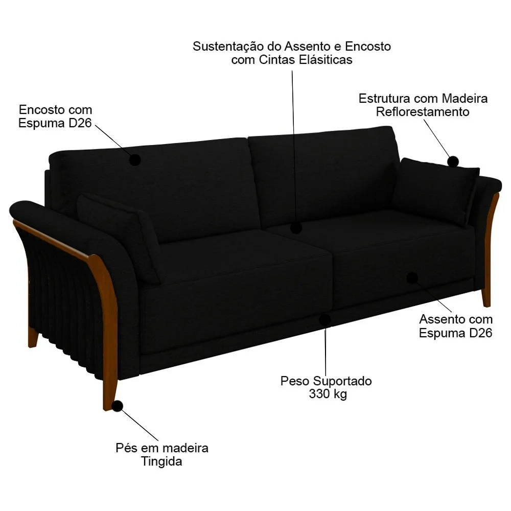 Sofá Living 3 Lugares 222cm Pés Madeira Roya Z32 Veludo Preto - Mpozenato