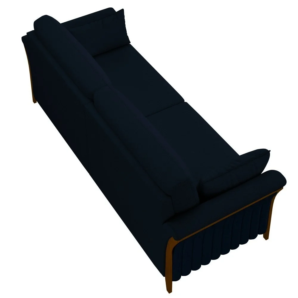 Sofá Living 3 Lugares 222cm Pés Madeira Roya Z32 Veludo Azul Marinho - Mpozenato