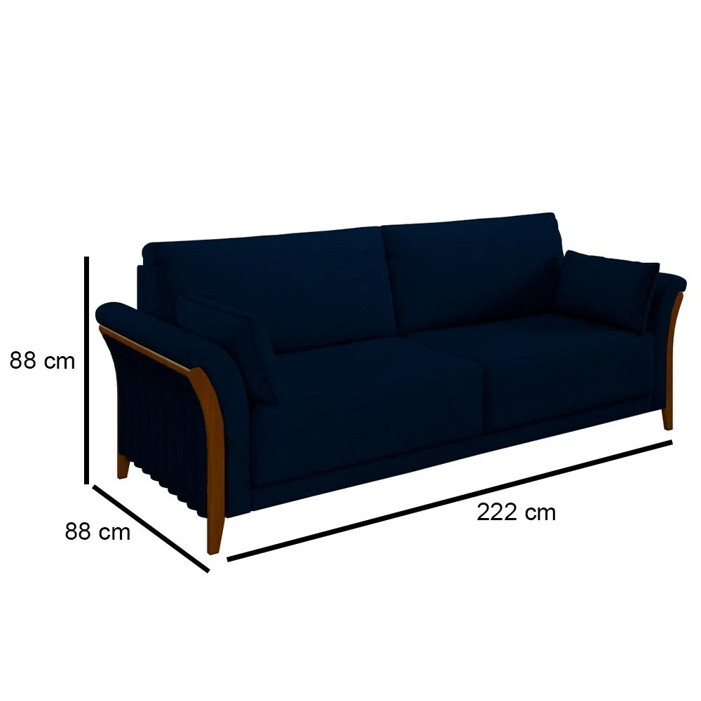Sofá Living 3 Lugares 222cm Pés Madeira Roya Z32 Veludo Azul Marinho - Mpozenato