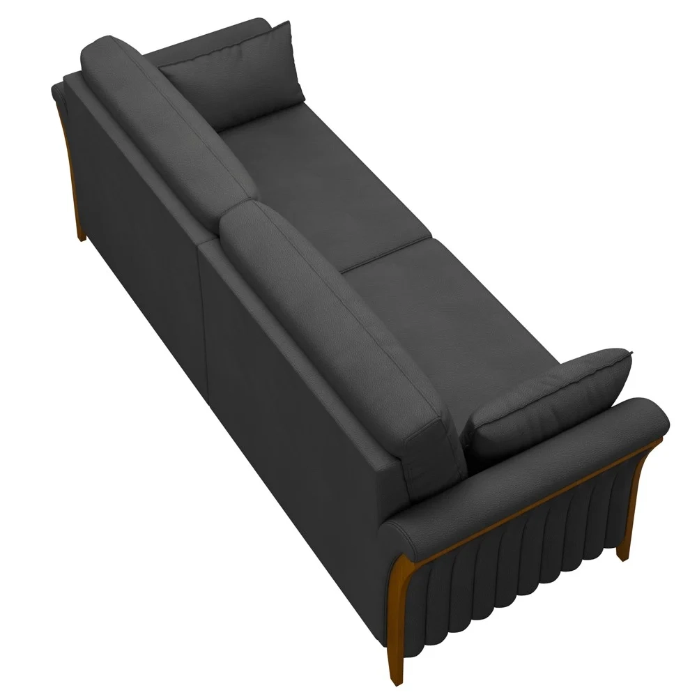 Sofá Living 3 Lugares 222cm Pés Madeira Roya Z32 PU Preto - Mpozenato